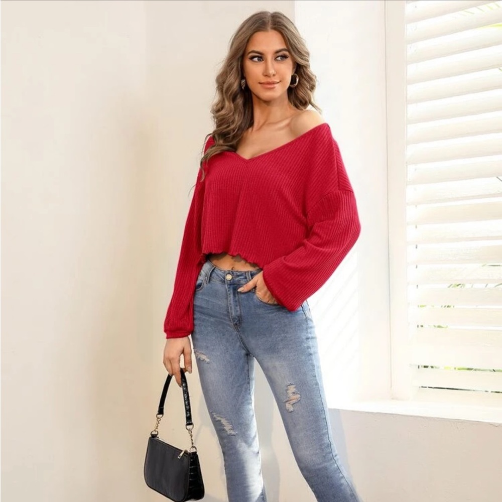 NWOT Shein Felegant Lettuce Trim Drop Shoulder Rib-Knit Tee